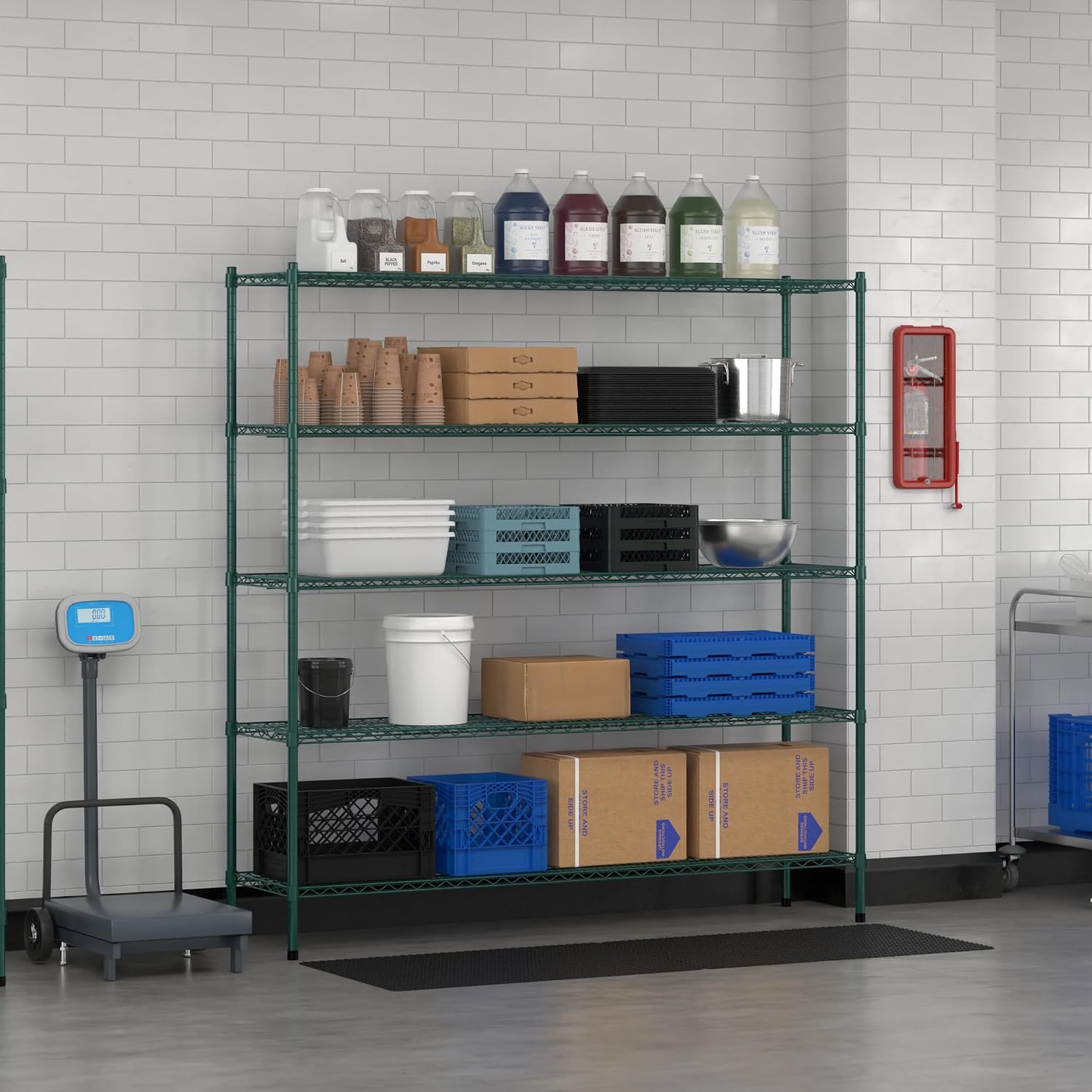 Commercial NSF Listed Green Epoxy Stationary Wire Shelving Kit 18" x 72" x 74", with 5 Shelves Perfect for Warehouse, Walk-in Refrigerator, Freezer, Grocery Store, Restaurant, Dishroom