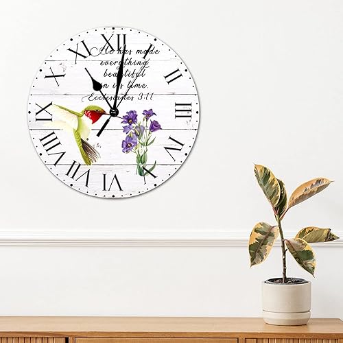 Miniatura 210 de ArogGeld He Made Everything Beautiful - Reloj de pared de PVC con flores rosadas, colibrí, reloj de pared grande con cita y números romanos, reloj