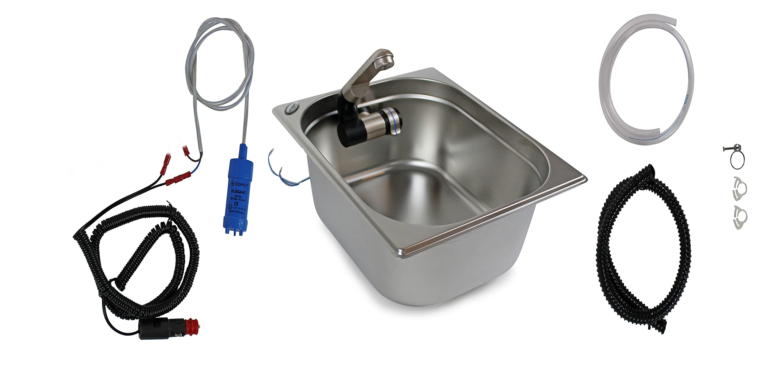 Edelstahl Spülbecken Camping Spüle Waschbecken + 12v Tauchpumpe + Wasserhahn 12v + Schläuche 1M + Schellen 325x265x150mm Barwig Wasserhahn integriert Bulliküche Wohnmobil Camper Campingbox (ad-ideen)