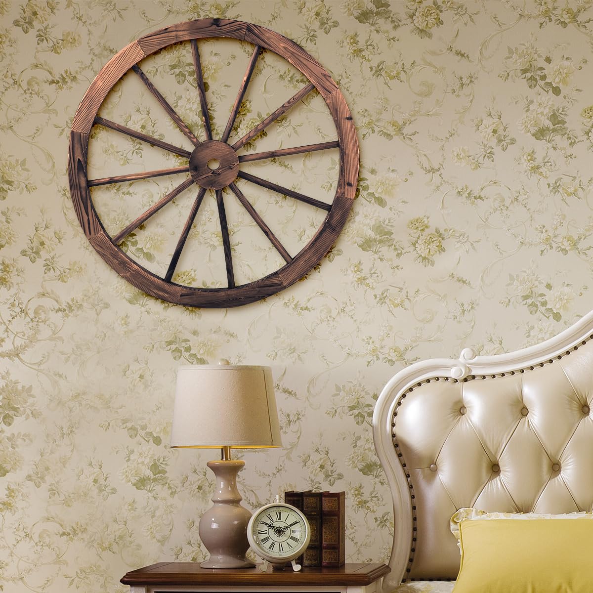 SOARS 2 Piezas Ruedas de Carro de Madera, Decoración de Pared Ø 76 cm con Chapa de Hierro, Rueda de Madera Ruedas Colgantes Rueda de Carro Rústico para Decoración para Jardín & Bar, Marrón