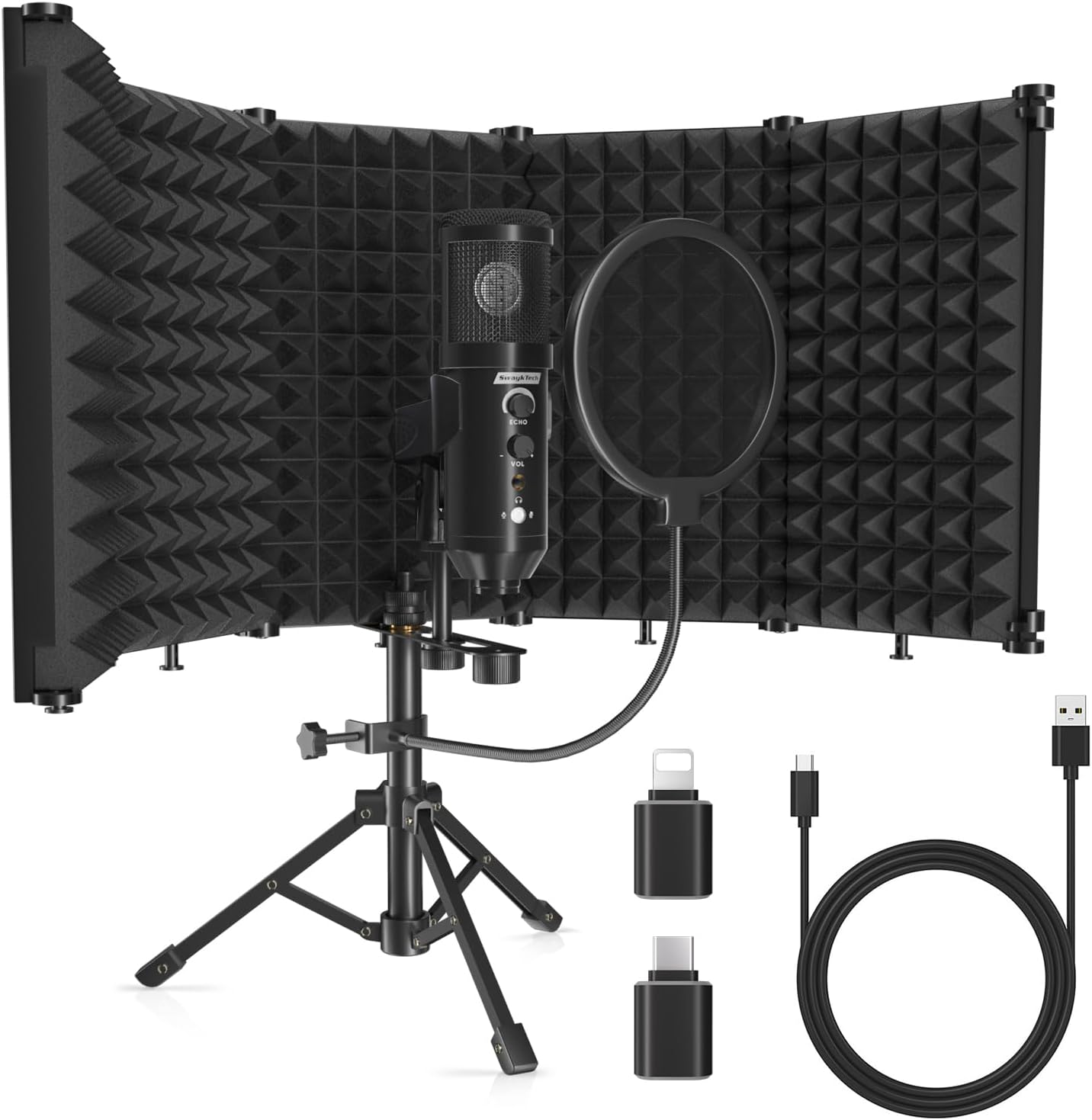 Studio Recording Microphone with Isolation Shield, Pop Filter and Metal Tripod Stand, Mic for PC, Laptop, Smartphone, Music, Singing, Podcast