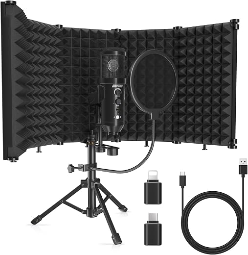 SwaykTech Studio Recording Microphone Isolation Shield with Pop Filter and Metal Tripod Stand, Studio Mic to PC Laptop Sma...