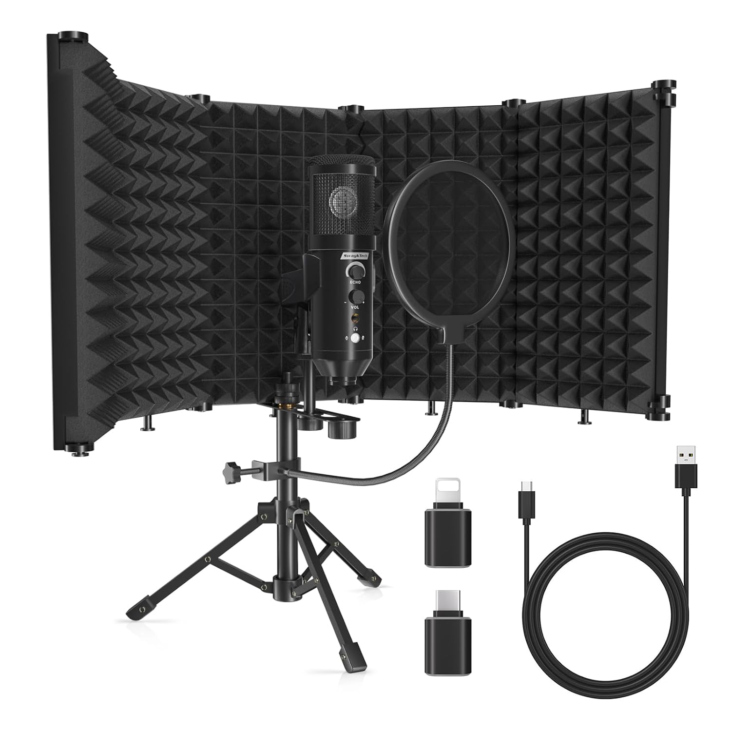 SwaykTech Studio Recording Microphone Isolation Shield with Pop Filter and Metal Tripod Stand, Studio Mic to PC Laptop Sma...