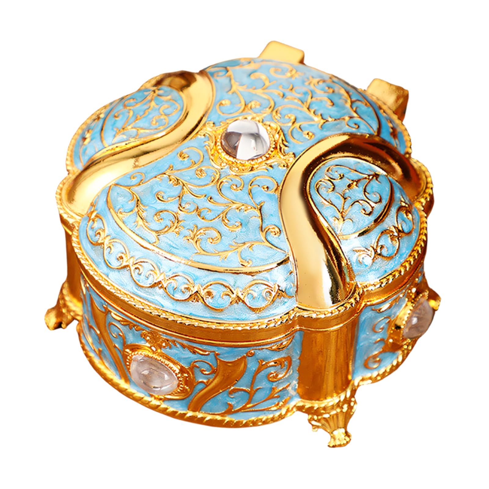 Carotoe Golden Blue Metal Storage Container For Home Decoration Enameled Finish Crystal Accents Elegant Metal Enameled Trinket Organiser With Crystal Accent Rhinestones Jewelry Box
