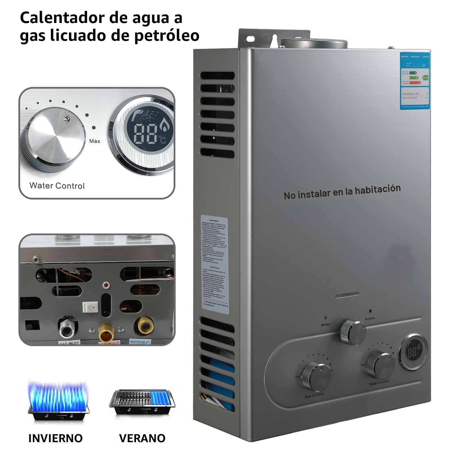 Calentador de agua a gas, calentador de agua de gas propano GLP 6L con kit de ducha con modos de invierno y verano, calentador de agua instantáneo sin depósito 16kw, para el hogar y el exterior (A)