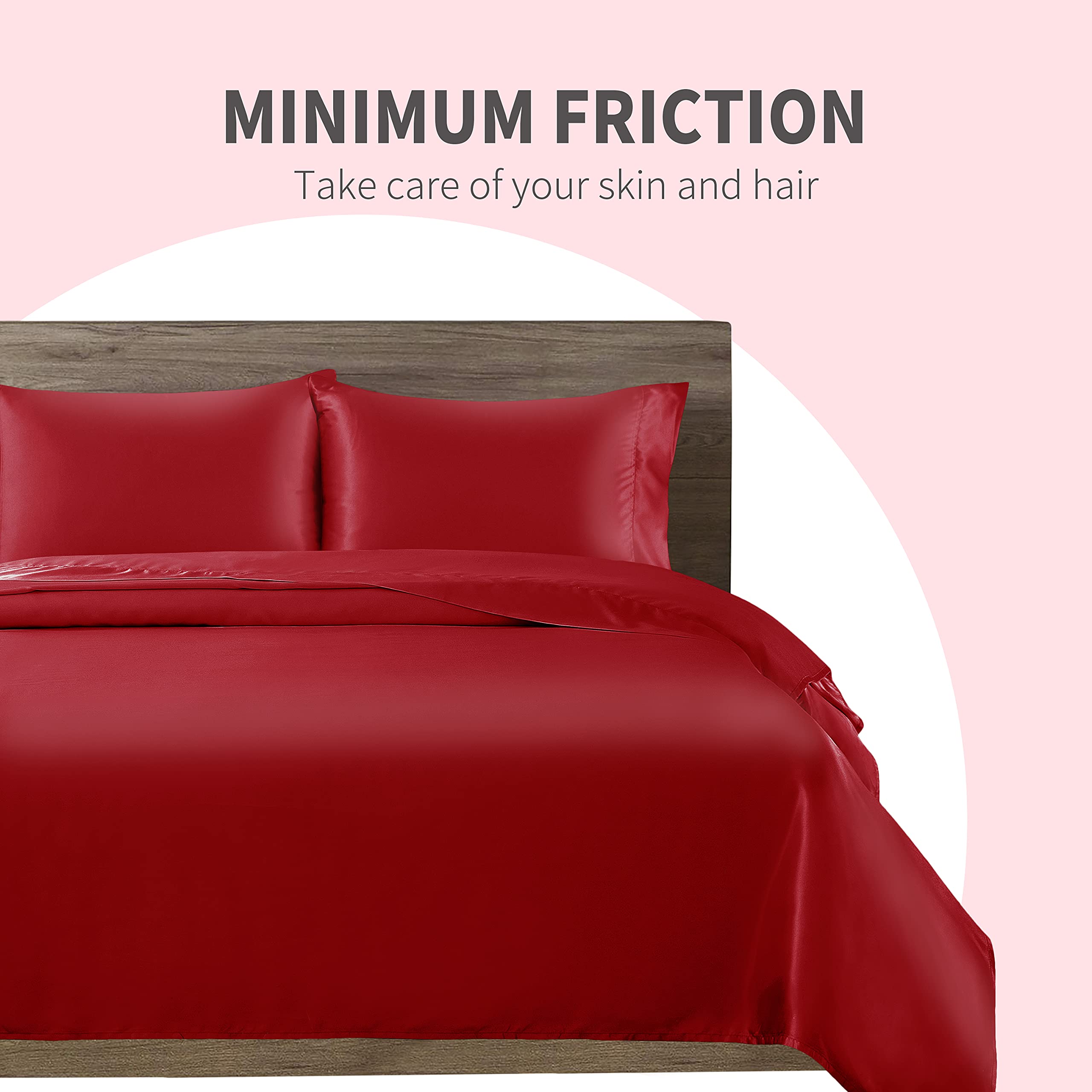 Set di lenzuola in raso rosso, 4 pezzi, per letto queen size, 1 lenzuolo con angoli profondi, 1 lenzuolo piatto, 2 federe