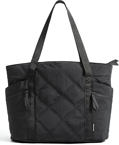 BAGSMART Crush Tote Bag for Women, 20L Puffer Work Tote with Zipper, Travel Essentials Quilted Nurse Hospital Bag Black