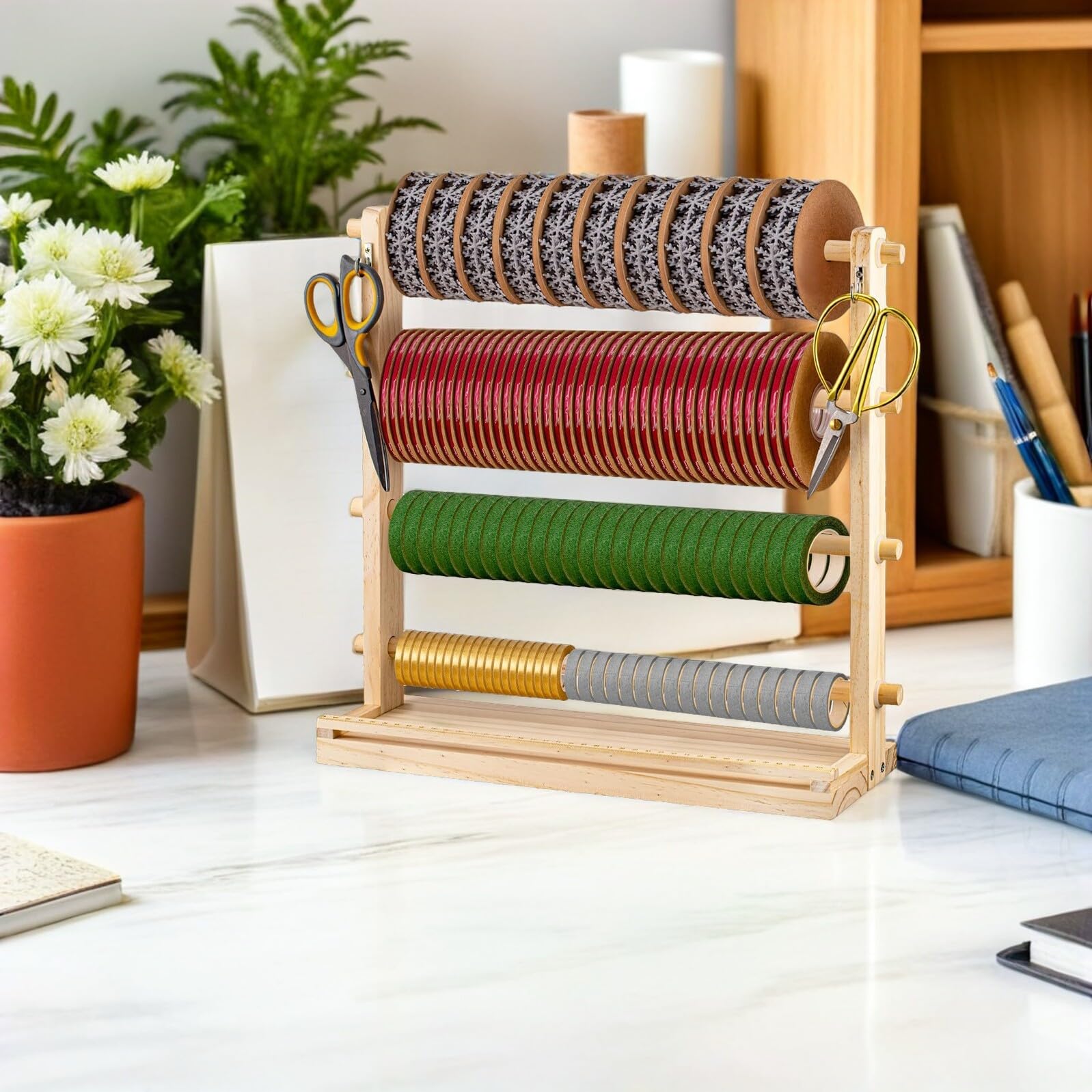 Uonlytech Organizador de Cintas de Madera Ranuras para Carretes Soporte Portabobinas para Costura y Manualidades Estante de Almacenamiento para Hilos y Rollos Adecuado para Taller