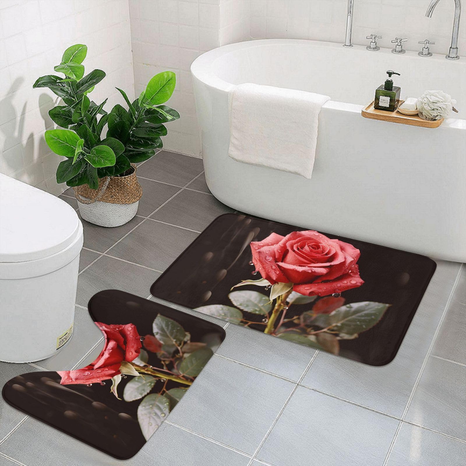Tapis de bain antidérapant microfibre absorbante forme U roses rouges lot 2
