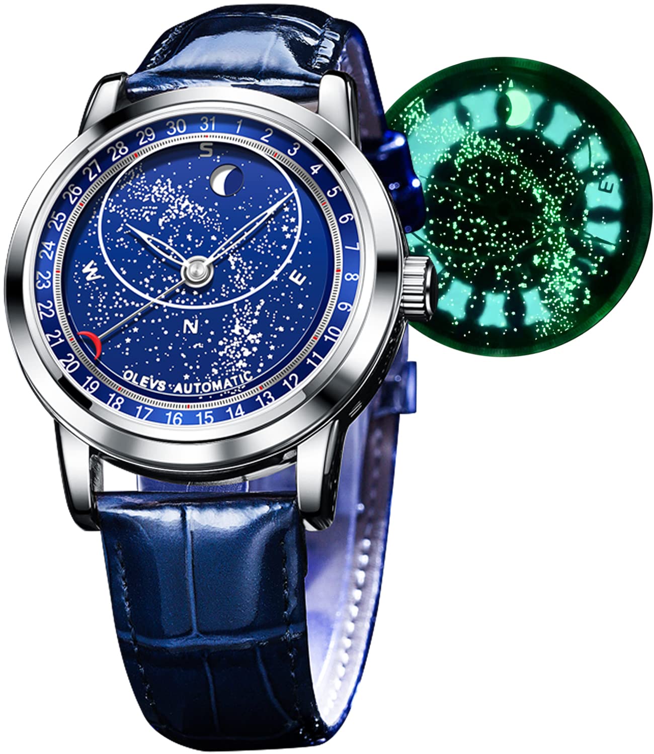 OLEVS Men Watch Starry Sky Moon Phase Automatic Mechanical Fashion Dress Blue Leather Strap Blue Face Waterproof Luminous Wrist Watches