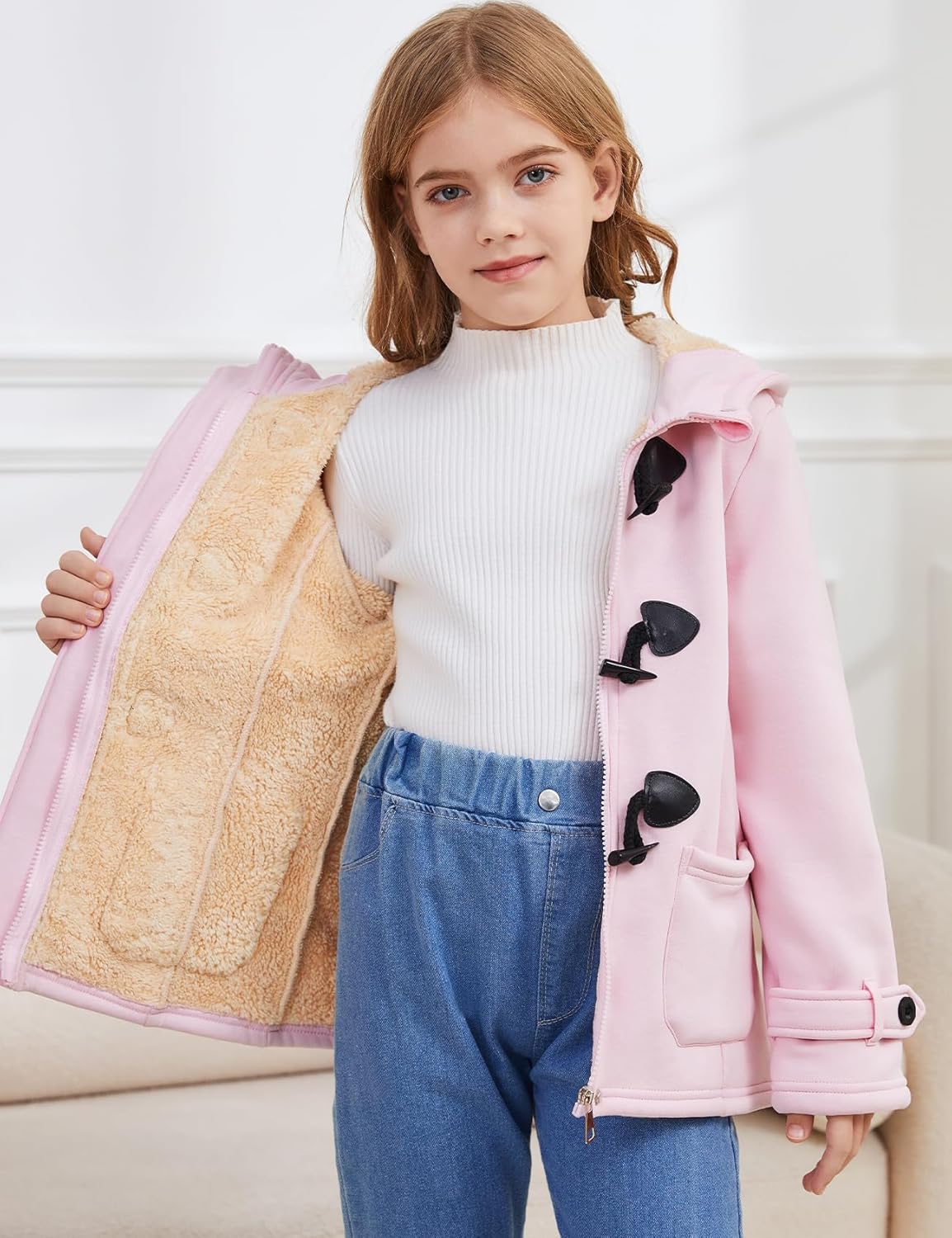 Flygo Girls Fleece Jacket Sherpa Lined Hoodie Horn Button Duffle Coat Warm Winter Coats Jackets (5-14 Years) - Image 5