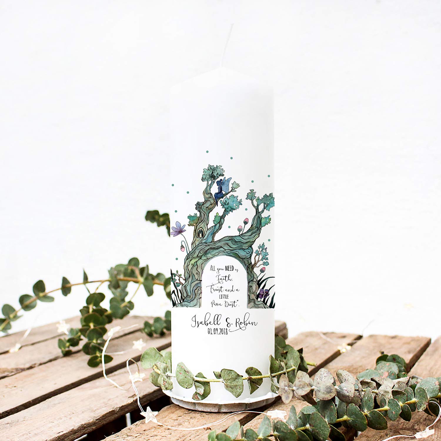 Hochzeitskerze Kerze zur Hochzeit Trauung Traukerze mit Elfe in Baum Spruch Wunschnamen & Datum wk65 ilka parey wandtattoo-welt®