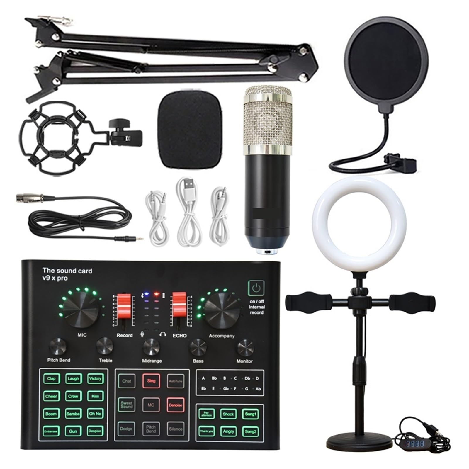 Kit Scheda Audio Professionale a condensatore Micro Bluetooth Scheda Audio Wireless per Karaoke con Staffa a sbalzo Luce di riempimento Studio Setup per la Registrazione di Musica