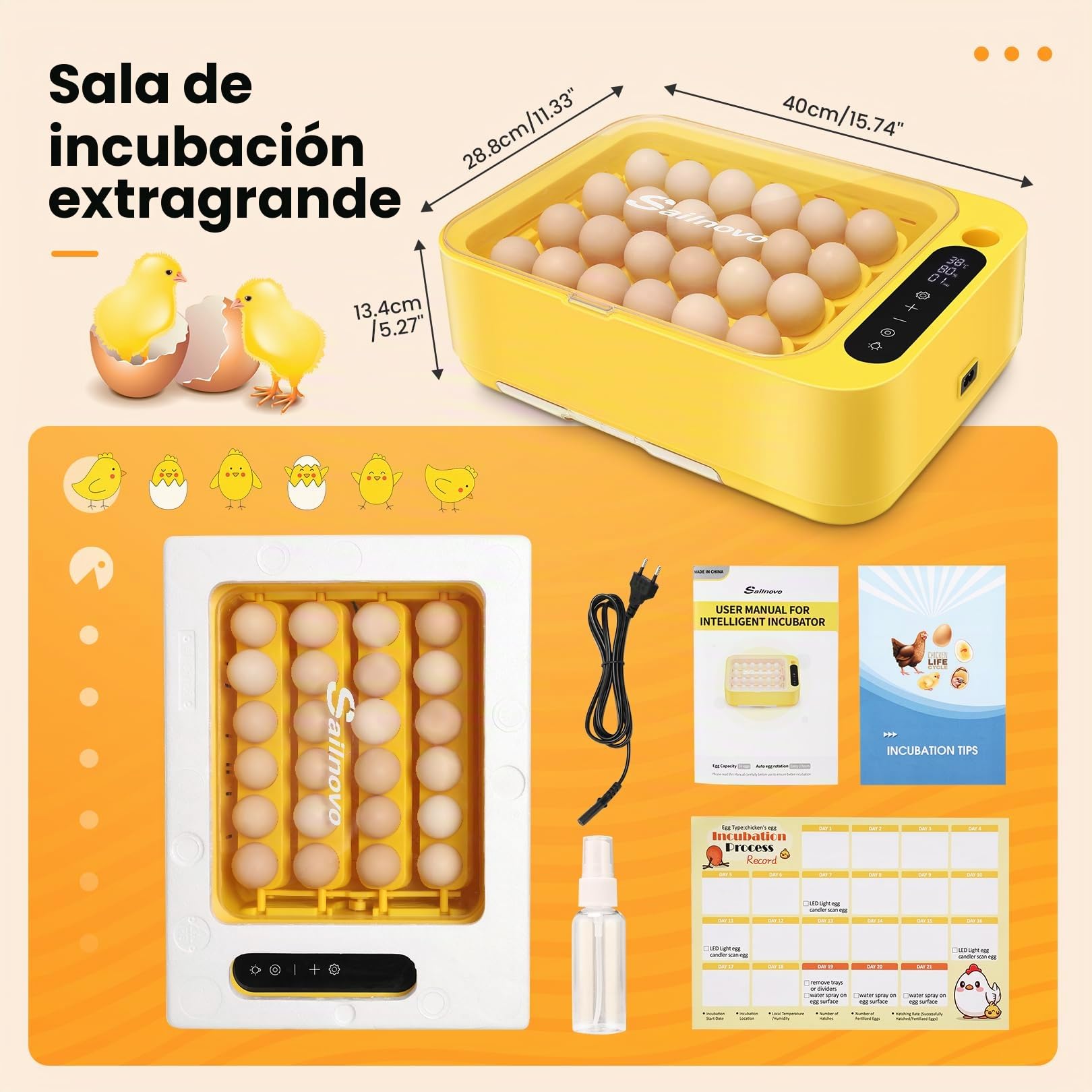 Sailnovo - 24 incubadoras para pollos, otras aves + 20 huevos + incubadora totalmente automática + control de temperatura + indicador de humedad + adición de agua externa- amarillo