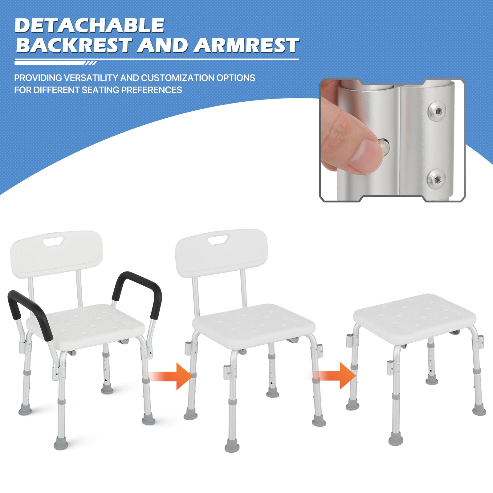 monicare Silla de ducha de altura ajustable para baño, bañera interior con respaldo y reposabrazos acolchado, silla de baño de seguridad antideslizante para adultos, personas mayores, personas