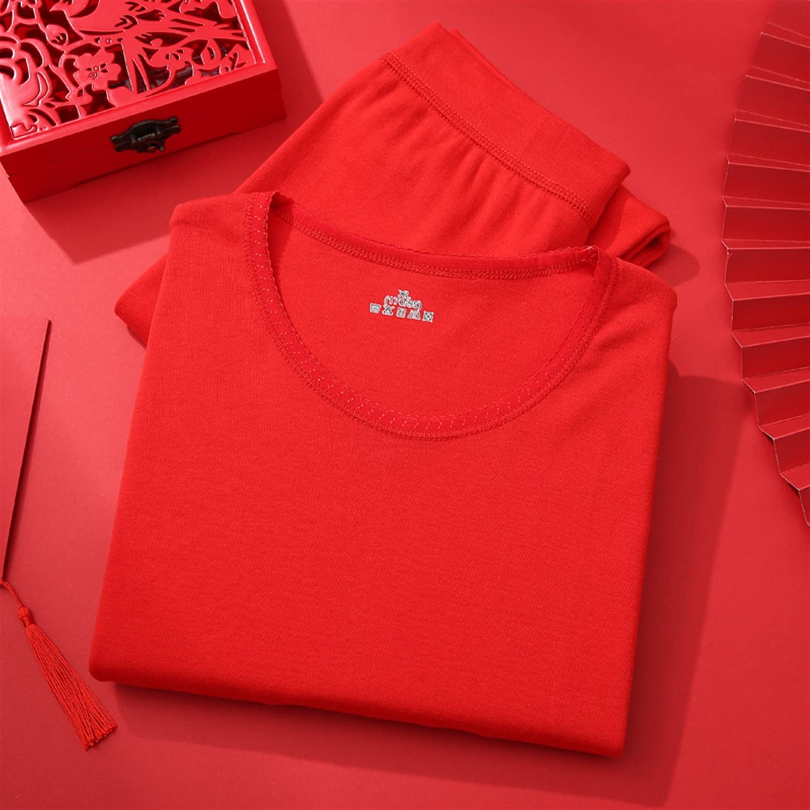 100% Bawełniana Warstwa Podstawowa Zestaw Dla Kobiet W Średnim Wieku Czerwona Luźna Długa Bielizna Damska Bielizna Termiczna Zestaw Górny I Dolny (Color : Rot, Size : XL/X-Large)