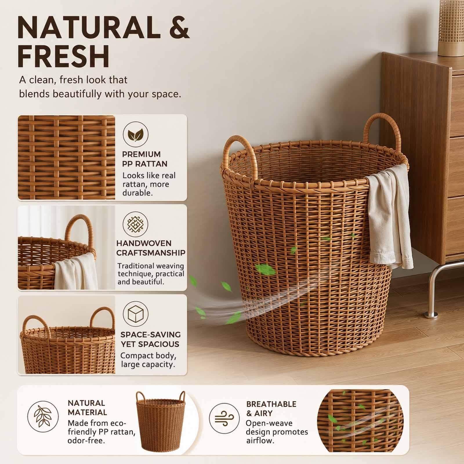 Cesto Portabiancheria In Rattan Sintetico, Cesta Multifunzione Con Manici