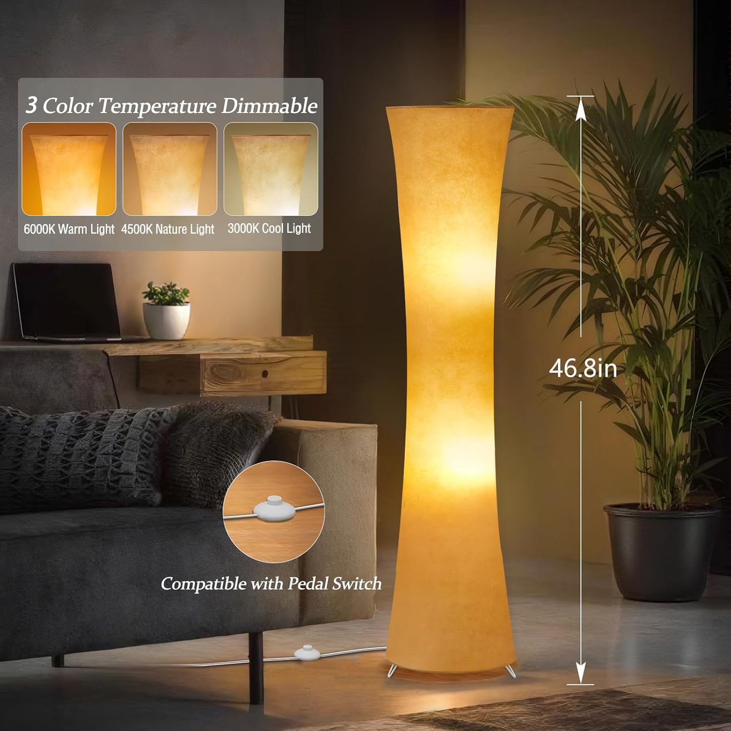 GyroVu 46" Modern Floor Lamps for Living Room, LED Column Standing Floor Lamp with Color Temperature Adjustable & Fabric Lampshade for Corner, Bedroom, Office & Kid's Room - Bulbs Included