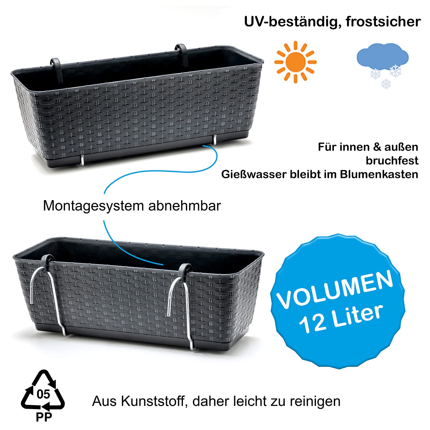 2-tlg. Balkonkasten 61 Cm Mit Halterung & Vliesbeutel – Rostfrei, Für Geländer & Fensterbank, Ideal Für Blumen
