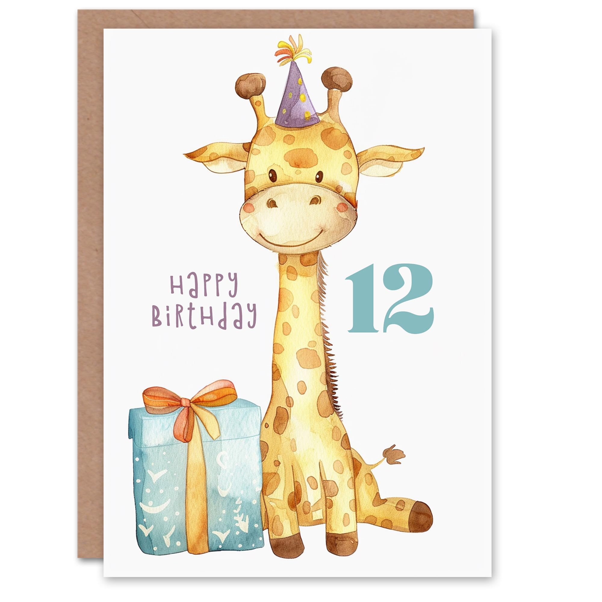 Artery8 12th Birthday Card Cute Baby Giraffe in Party Hat Cartoon Kids Age 12 Year Old Child For Son Daughter Girl Boy Happy Card