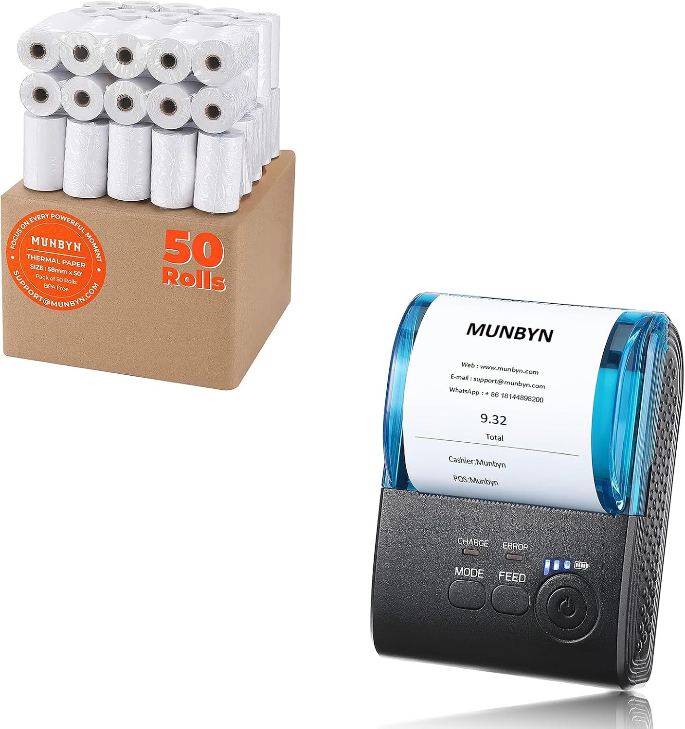 MUNBYN 58mm Bluetooth Receipt Printer and 2 1/4" x 50' Thermal Paper (50 Rolls), BPA Free Receipt Paper