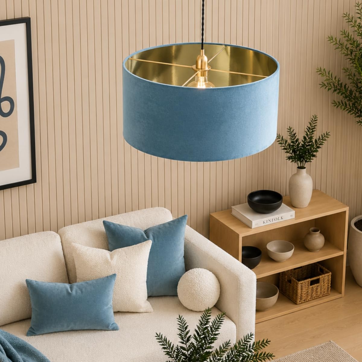 CGC Lighting Indoor Ceiling Lampshade Large Velvet Fabric Lamp Shade 45cm Diameter Gold Reflective Inner Drum Pendant Table Lamp Bedroom Dining Room Lounge (Teal & Gold)