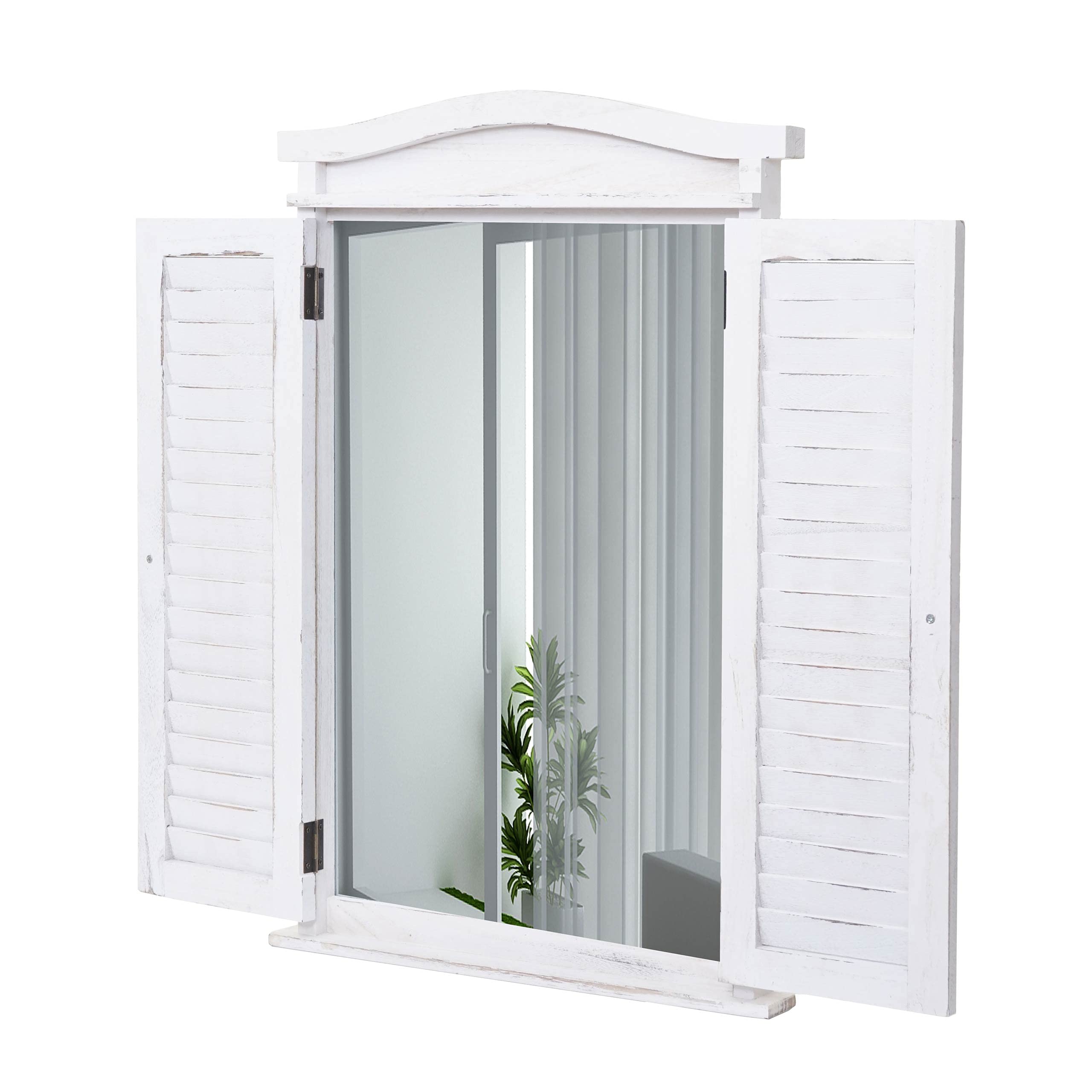 Mendler Espejo de pared para baño con persianas, 71 x 46 x 5 cm, color blanco desgastado
