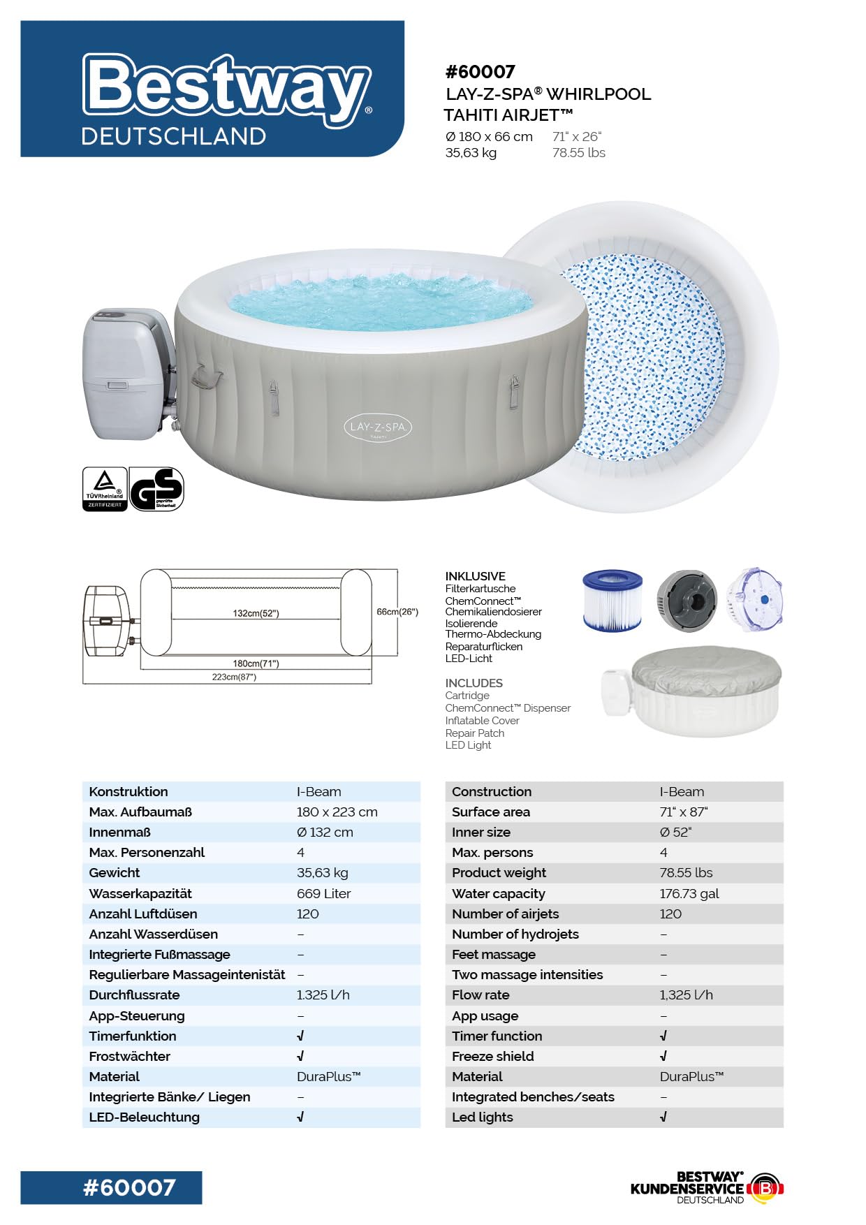 BESTWAY - SPA Hinchable Lay-Z-SPA Tahiti para 2-4 Personas Redondo 180x66 cm con Luces LED