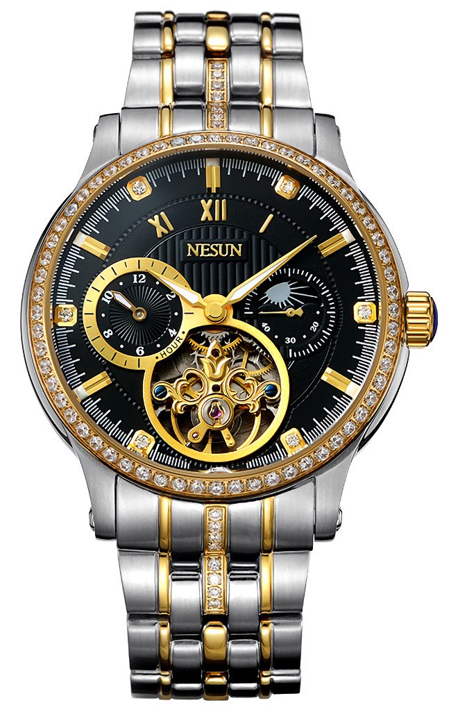 TEINTOPNesun Skeleton Watch for Men Automatic Mechanical Self Wind Steel Band(Gold Black)
