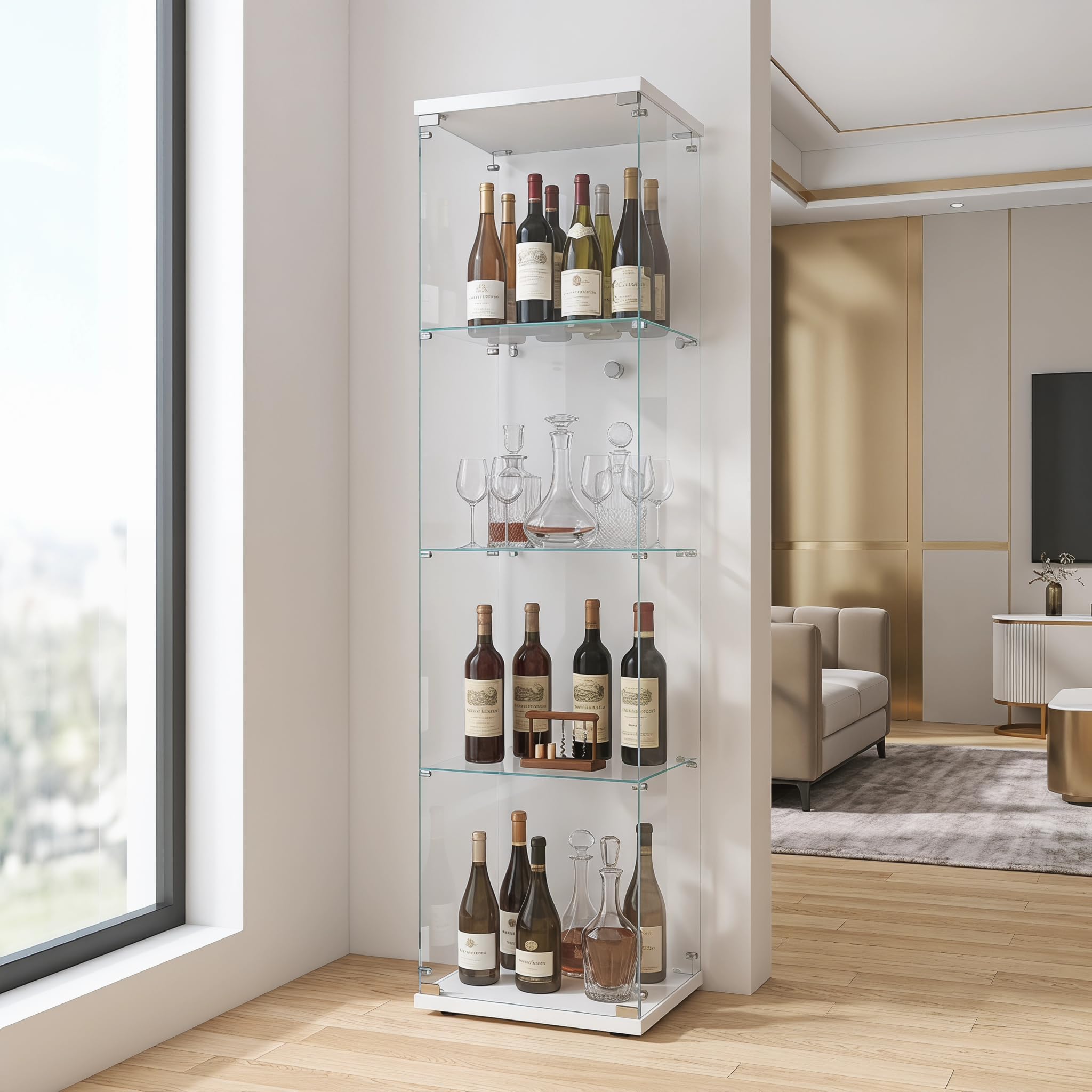 Vetrina in vetro per soggiorno, 164 x 42,5 x 36,5 cm, vetrina in vetro con serratura e porta, 4 ripiani, trasparente, grande, vetrina da collezione per soggiorno (4 strati