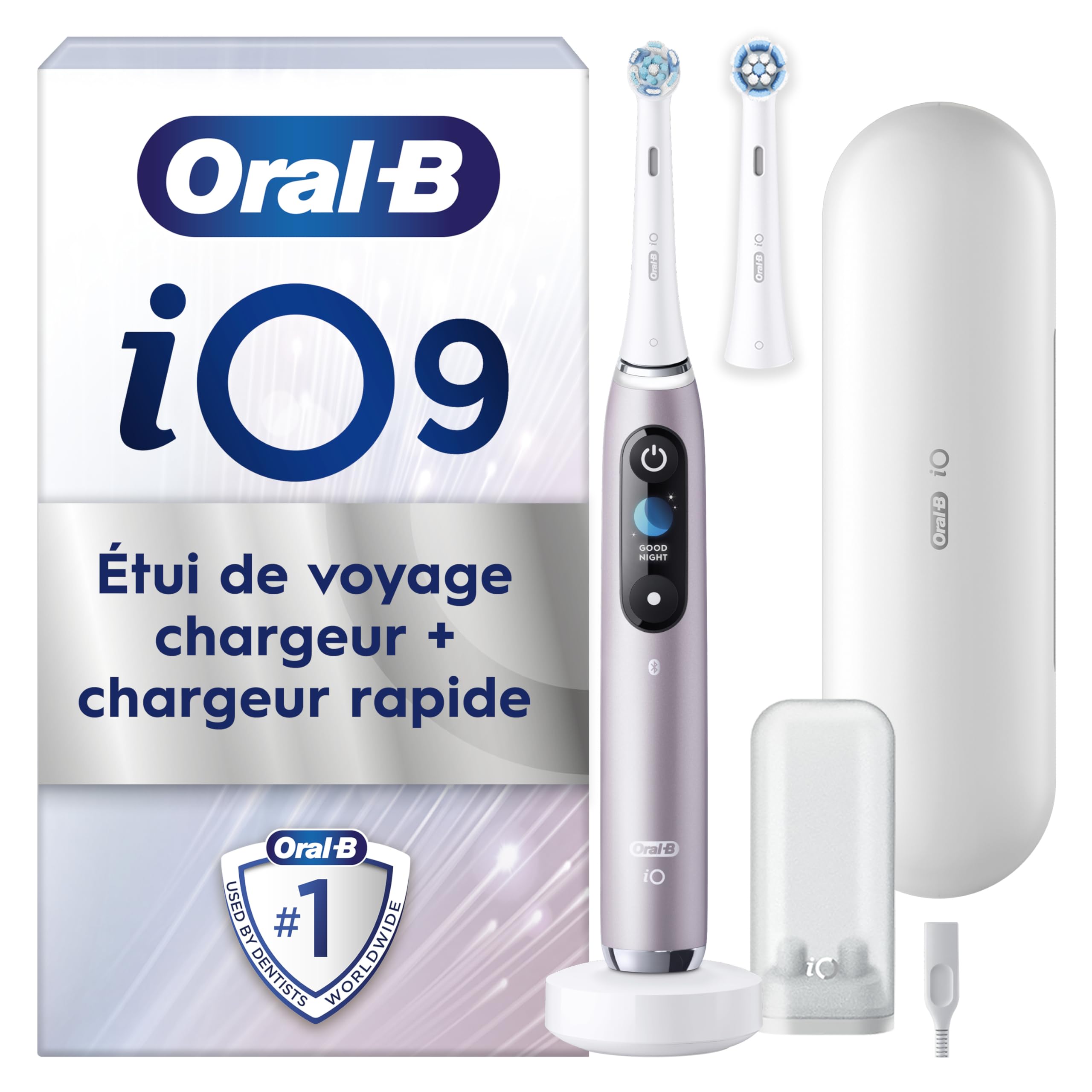 Oral-B iO 9 Brosse A Dents Electrique Rose Quartz Pour Adultes, 7 Modes De Brossage Avec Blancheur, Soin Des Gencives, 16 Zones De Nettoyage, 2 Brossettes De Rechange Oral B, Chargeur, Etui De Voyage