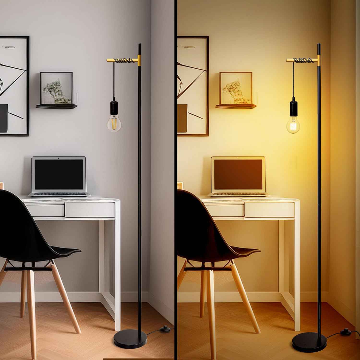 Aigostar lámpara de pie retro E27, lámpara de pie de metal para salón(sin bombilla), Lámpara de pie colgante con cable de 180cm y interruptor de pie, en color negro/dorado, 2pcs