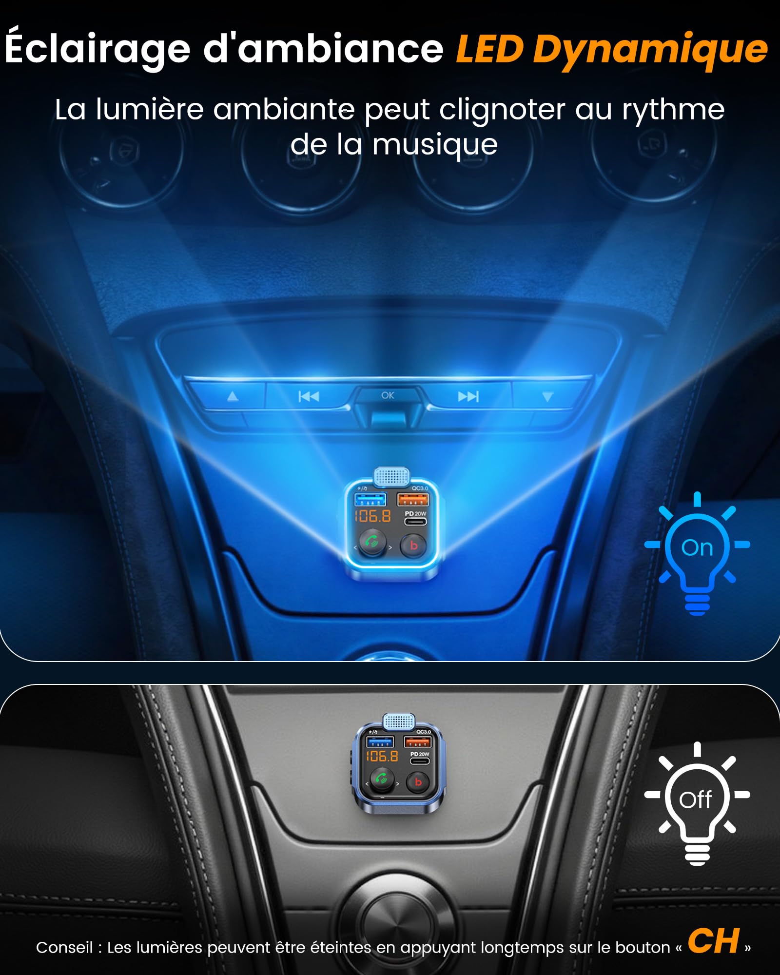 LENCENT Transmetteur FM Voiture, Allume Cigare Bluetooth 5.3 Émetteur Radio, Chargeur Rapide PD 20W Type C+ QC3.0, Appels Mains Libres, Lecteur de Musique MP3 Basse Support U Disk