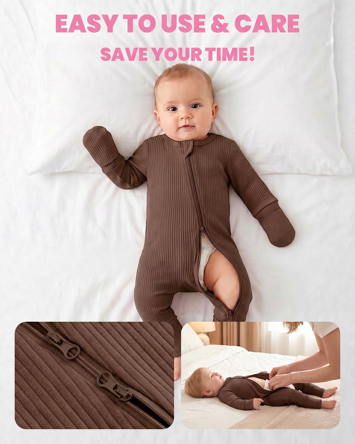 JiAmy Pigiama per neonato, in cotone, a maniche lunghe, con cerniera, pagliaccetto con piedi, abbigliamento per neonati, 2 pezzi