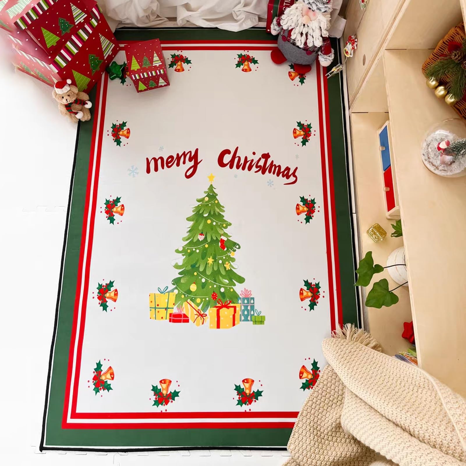 Passatoia Corridoio Tappeto lavabile natalizio, tappeto con campanelle di cervo albero di natale, tappeto invernale antiscivolo morbido tappeto per ingresso soggiorno camera da letto(3.6x9.8ft(110x300