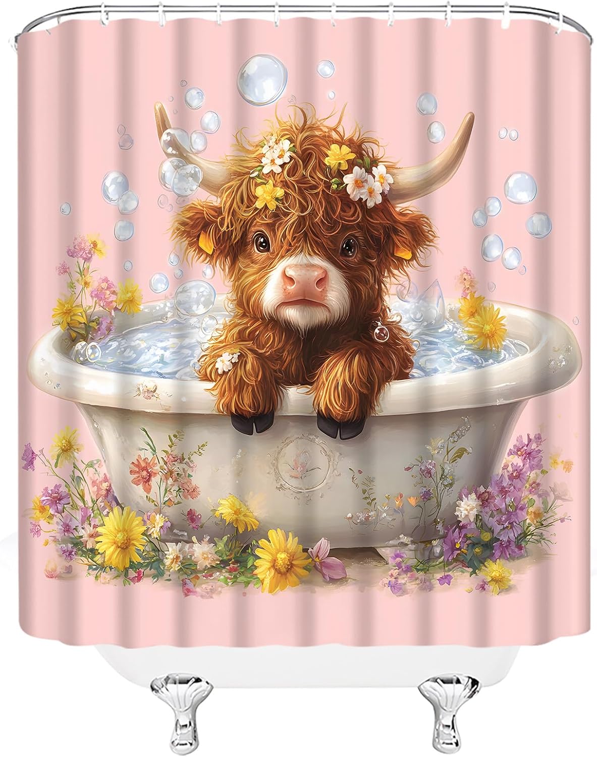 Funny Highland Cow Shower Curtain Cute Calf in Bathtub Western Cattle Bubble Rustic Animal Spring Floral Fabric Bathroom Decor Set with Hooks,(70" Wx84 H)