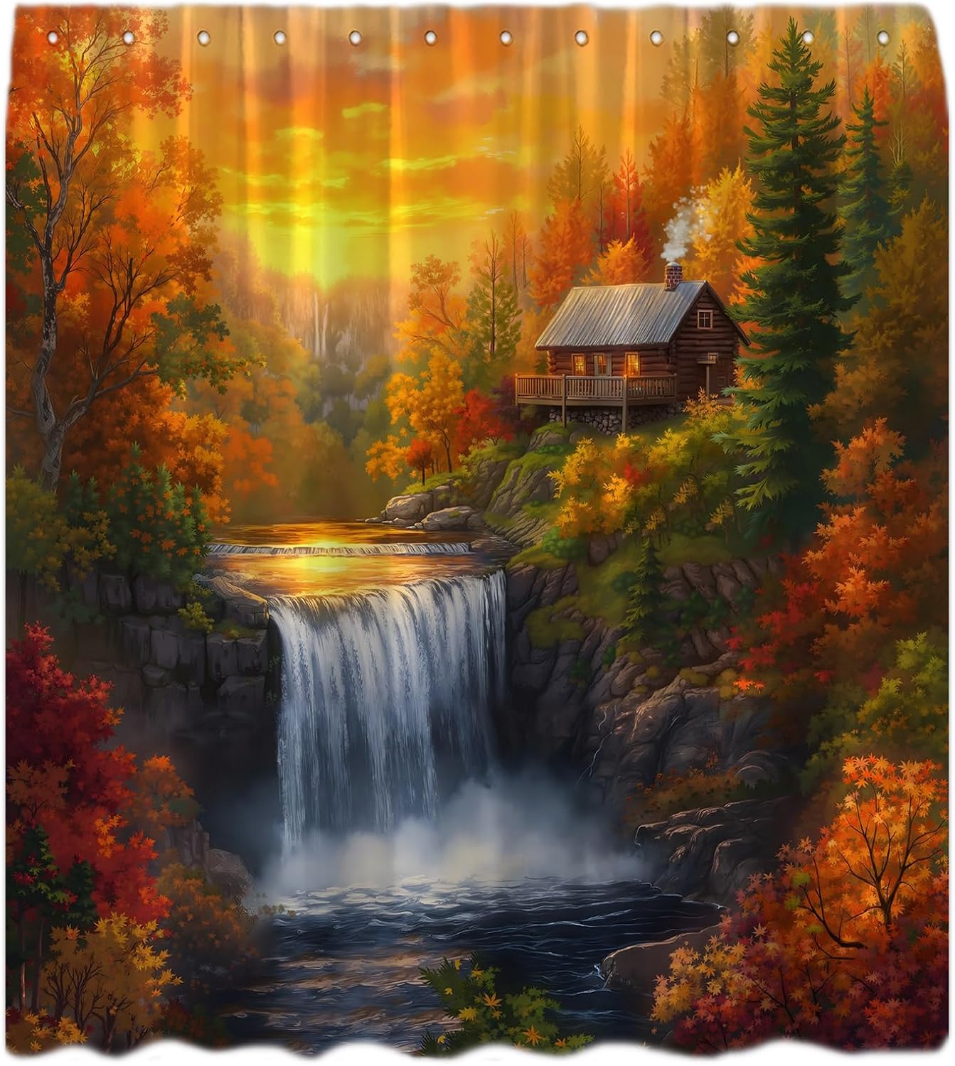 Fall Forest Shower Curtain Autumn Waterfall Landscape Rustic Cabin Orange Leaves Tree Sunset Nature Scenery Art Painting Bath Curtain with Hooks