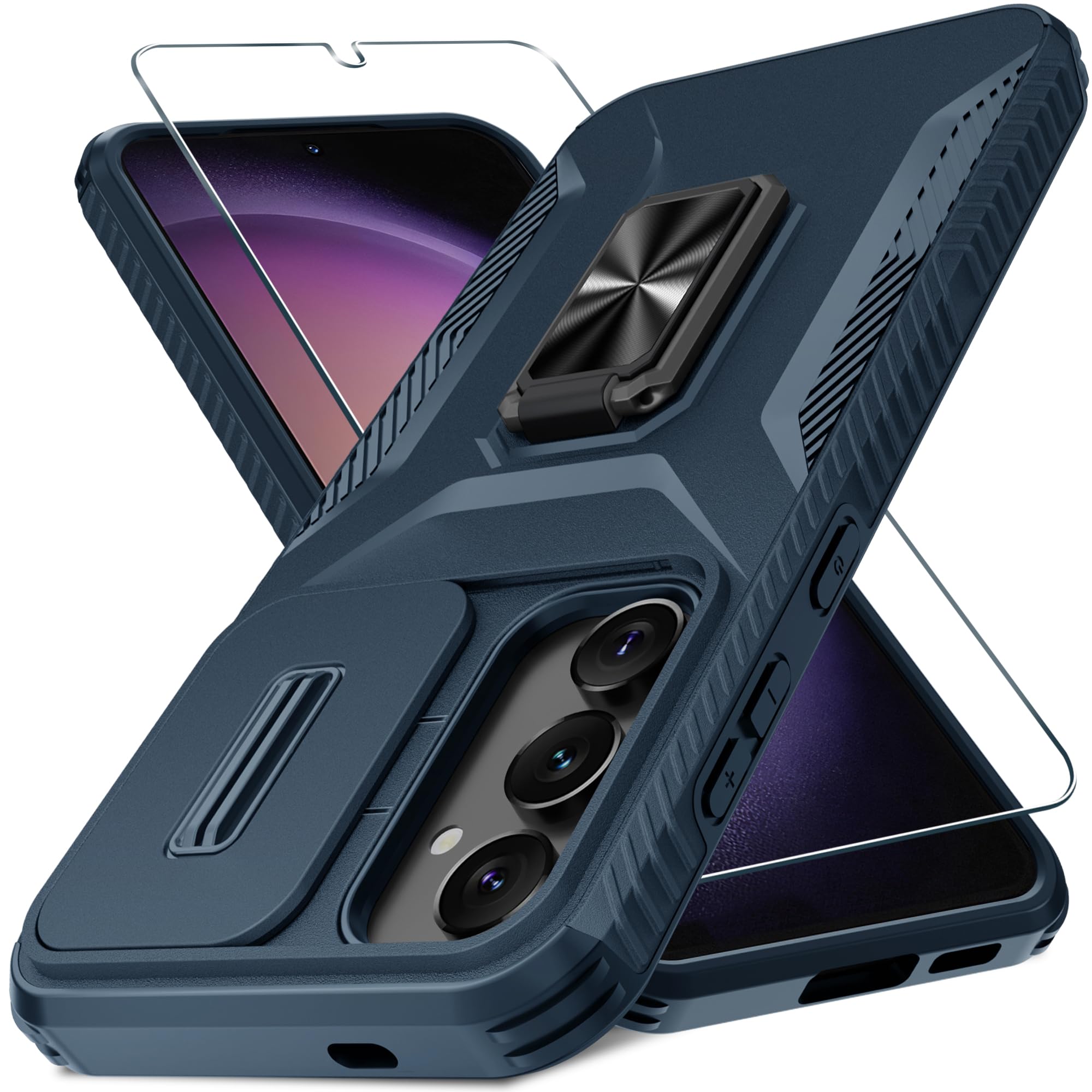 for Samsung Galaxy S25 Plus Case, S24 Plus Case with Screen Protector and Slide Camera Cover,Rotated Ring Kickstand,Military Grade Heavy Duty Shockproof Protective Phone Case-Deep Blue