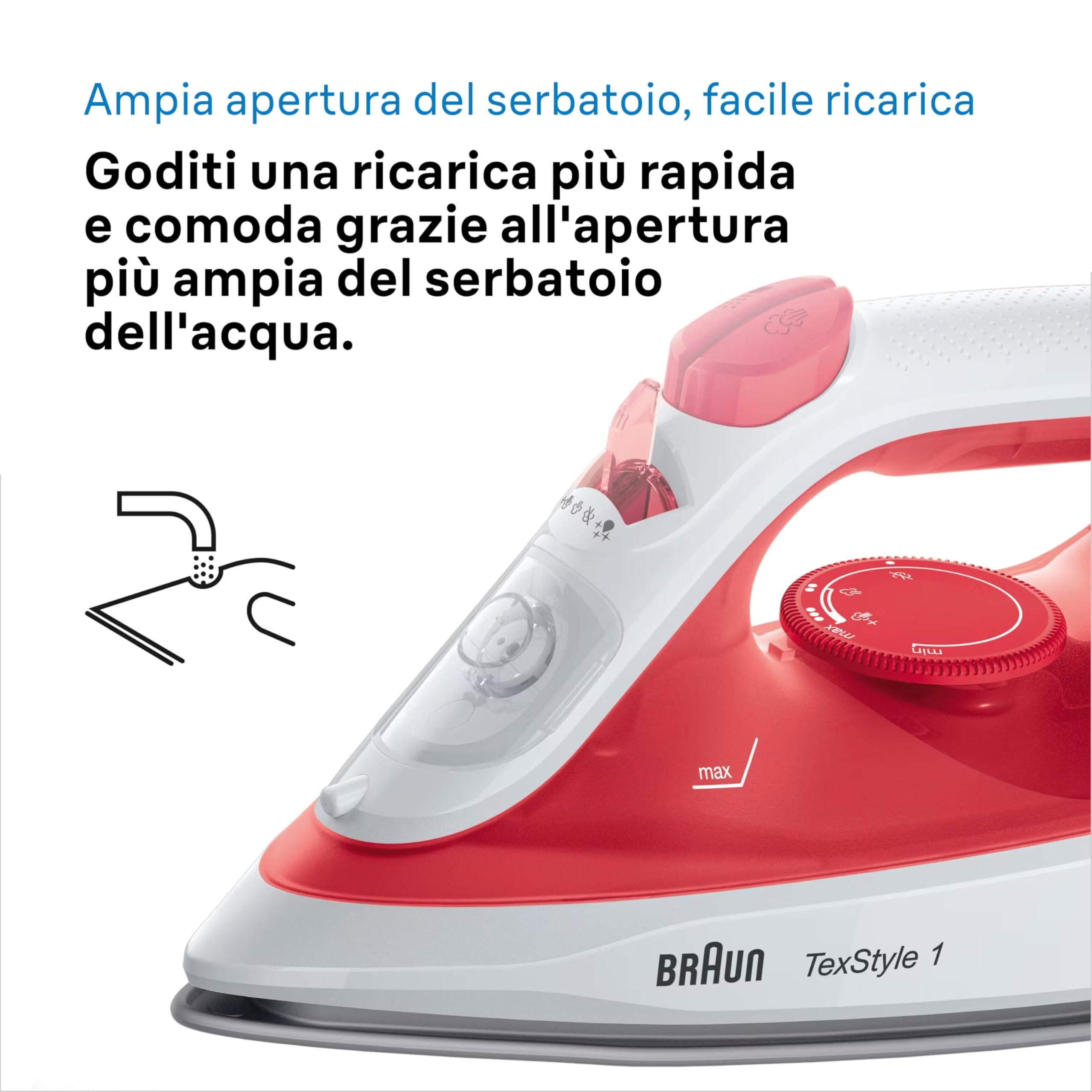 Braun TexStyle 1 SI 1019, Ferro da stiro a Vapore, Rivestimento Antiaderente, Termostato, 25g/min in modalità Turbo, Capacità Serbatoio Acqua 220ml, 1900W, Rosso/bianco