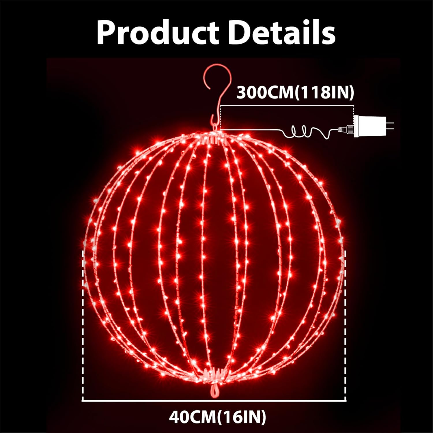 12INCH Outdoor/Indoor LED Christmas Light Ball,Foldable Metal Sphere Lights, Connectable Waterproof 16 Modes with Timer, Hanging Tree Globe Lights for Holiday Christmas Decorations (Warm White)