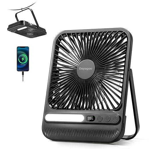 Deyagoo Travel Fan,7-Inch Portable Fan, Rechargeable Fan, 28H 10000mAh Ultra-Thin Quiet USB Desk Fan with Timer & LED Display for Bedroom, Office, Camping