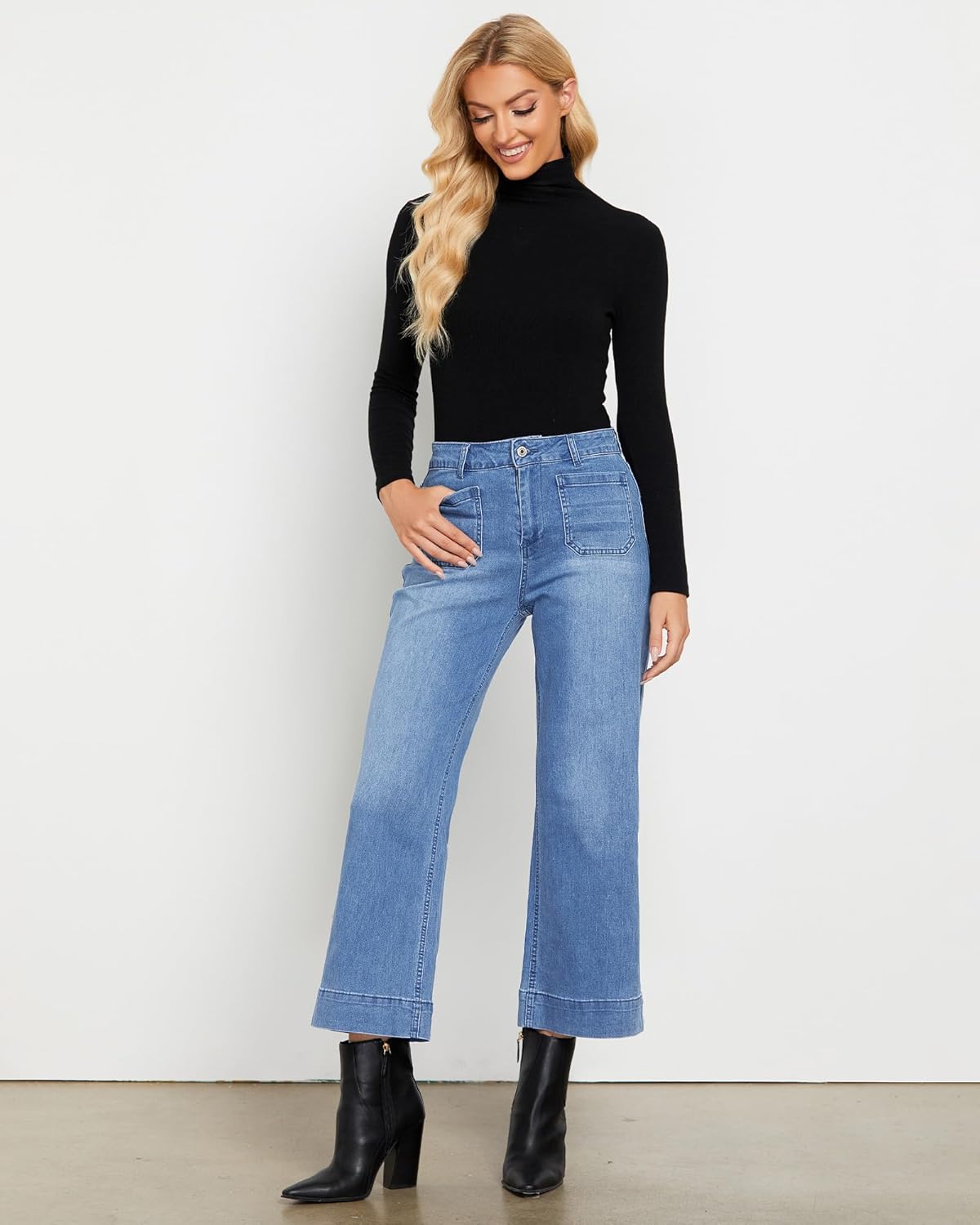 LookbookStore Wide Leg Cropped Jeans for Women High Waisted Stretchy Denim Jean Pants Baggy Flare Trouser Jeans Pockets - Image 8