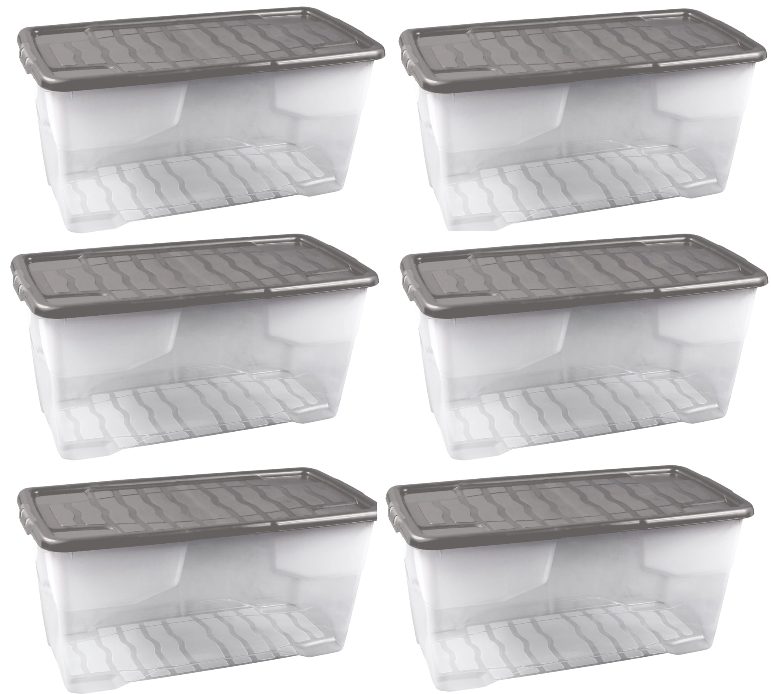 Strata 6 x 80 Liter stapelbare Aufbewahrungsbox aus Kunststoff mit Deckel mit aufsteckbaren Deckeln, 6er-Pack, Multi-Aufbewahrungsbox für Zuhause und Büro, transparente Box, grauer Deckel