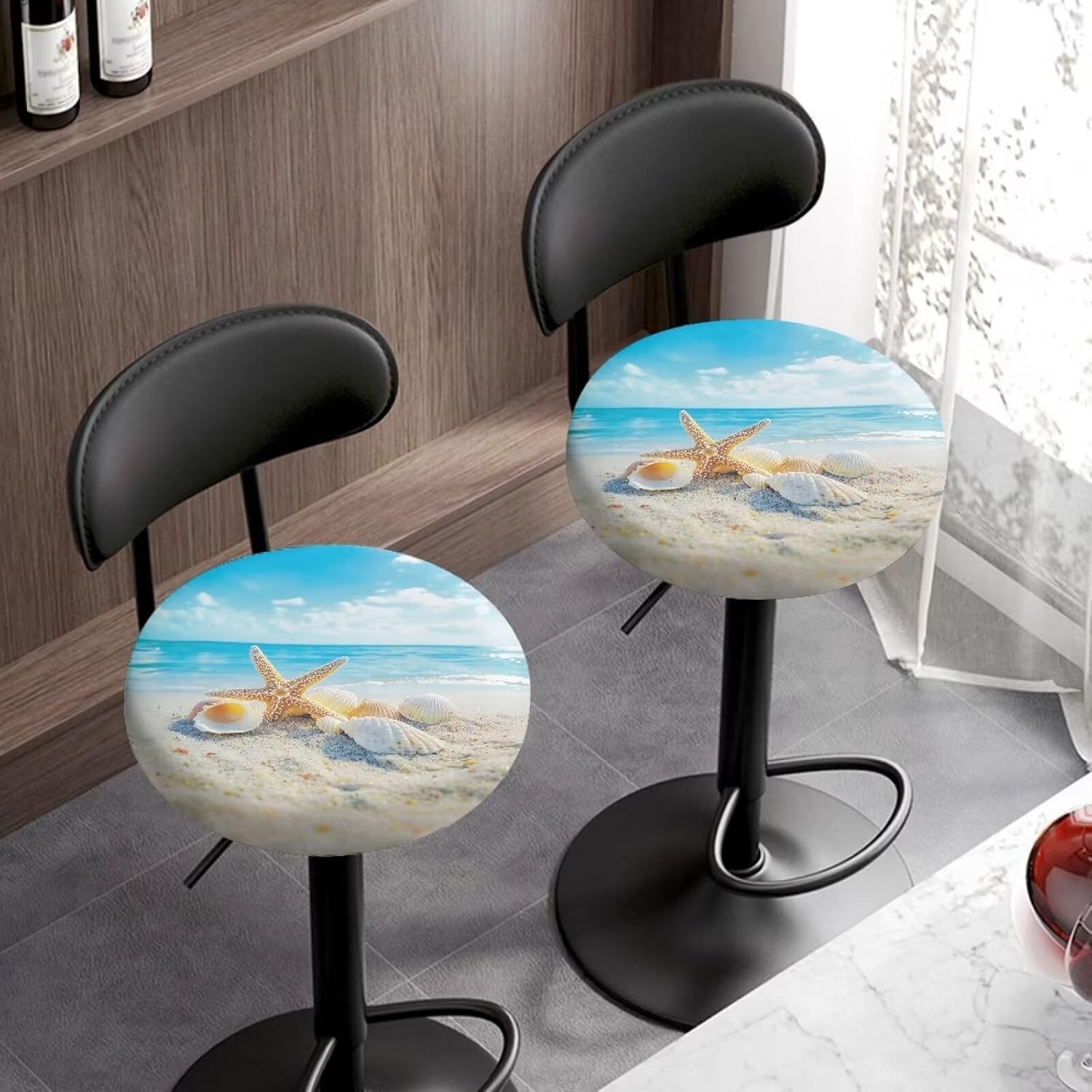 Starfish Shell Bar Stool Covers Set of 2 Round Island Stool Cover with Elastic Band Perfect for Dining Living Room Pub Non Slip Stain Resistant Furniture Protectors - Size L, 2 Pack