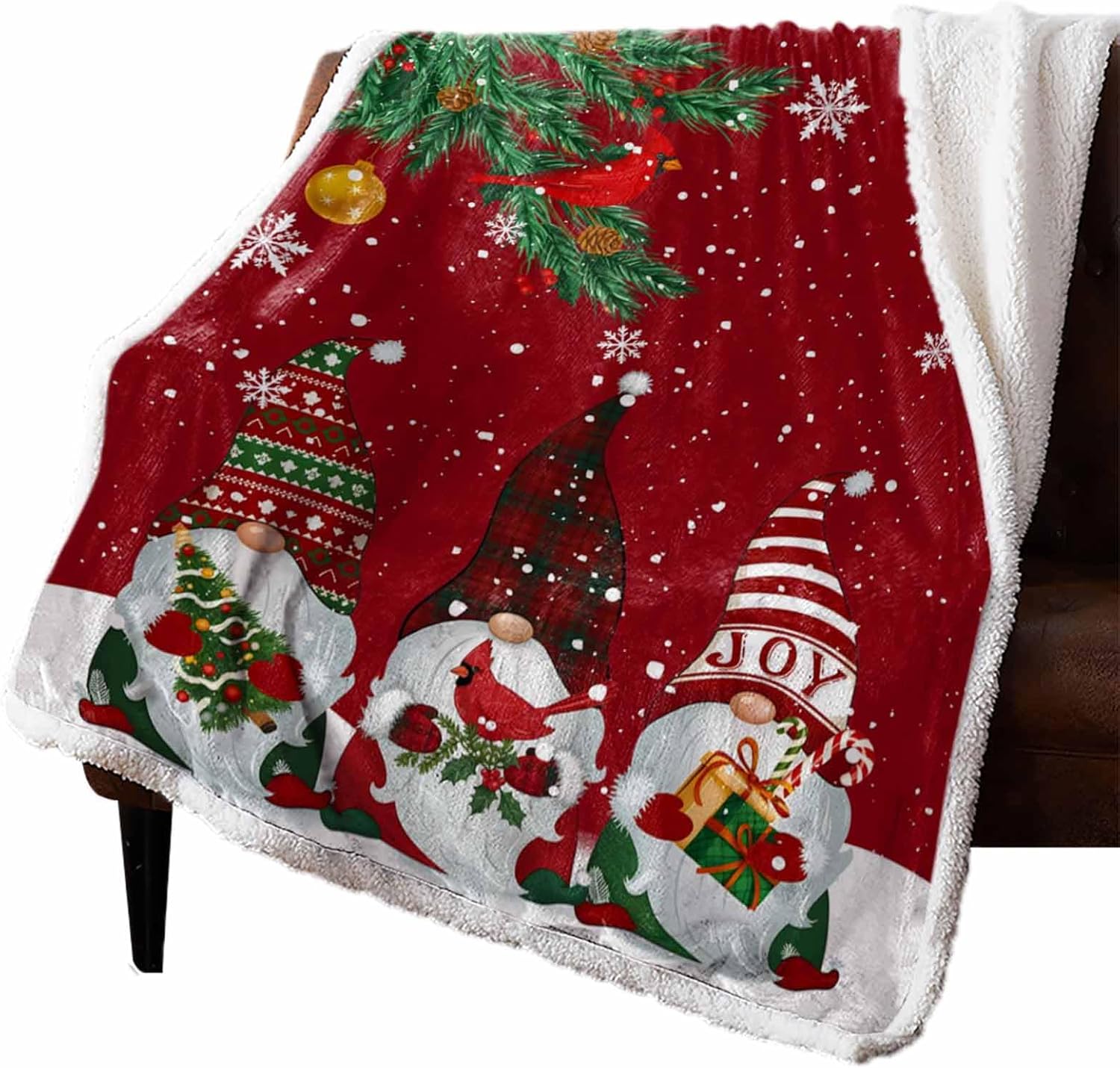 Chic D Sherpa Bed Throw Blanket(Fleece) Red Christmas Gnome Cardinals Snowflake, Ultra Soft Couch Throws Blanket for Women/Kids, Merry Xmas Fuzzy Cozy Plush Warm Microfiber Blankets (Queen, 50x80inch)