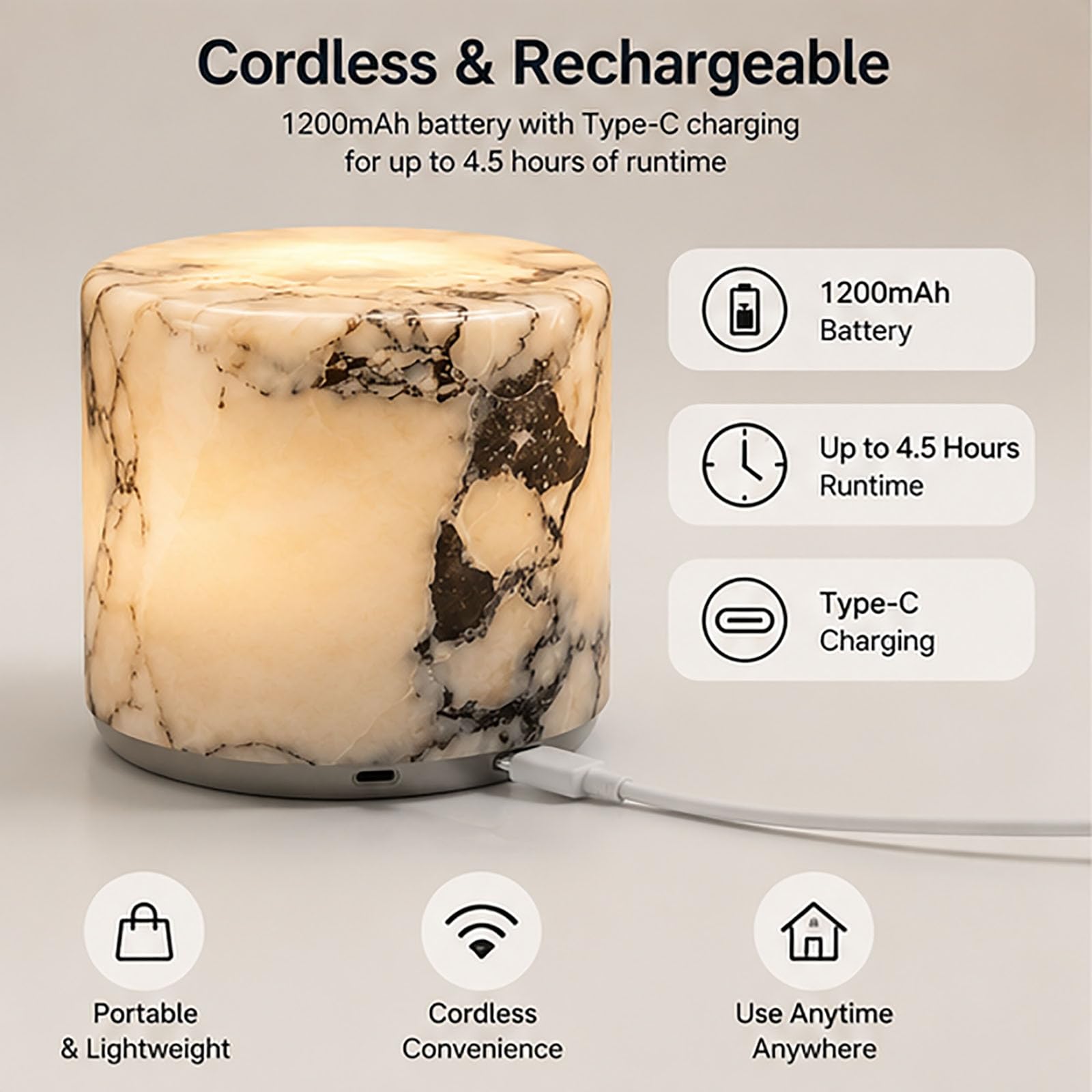 luz nocturna con control táctil de piedra natural | Batería de 1200 mAh, carga tipo C, lámpara de mesa LED regulable, luz de espectro completo(Monochromatic-Light,2)