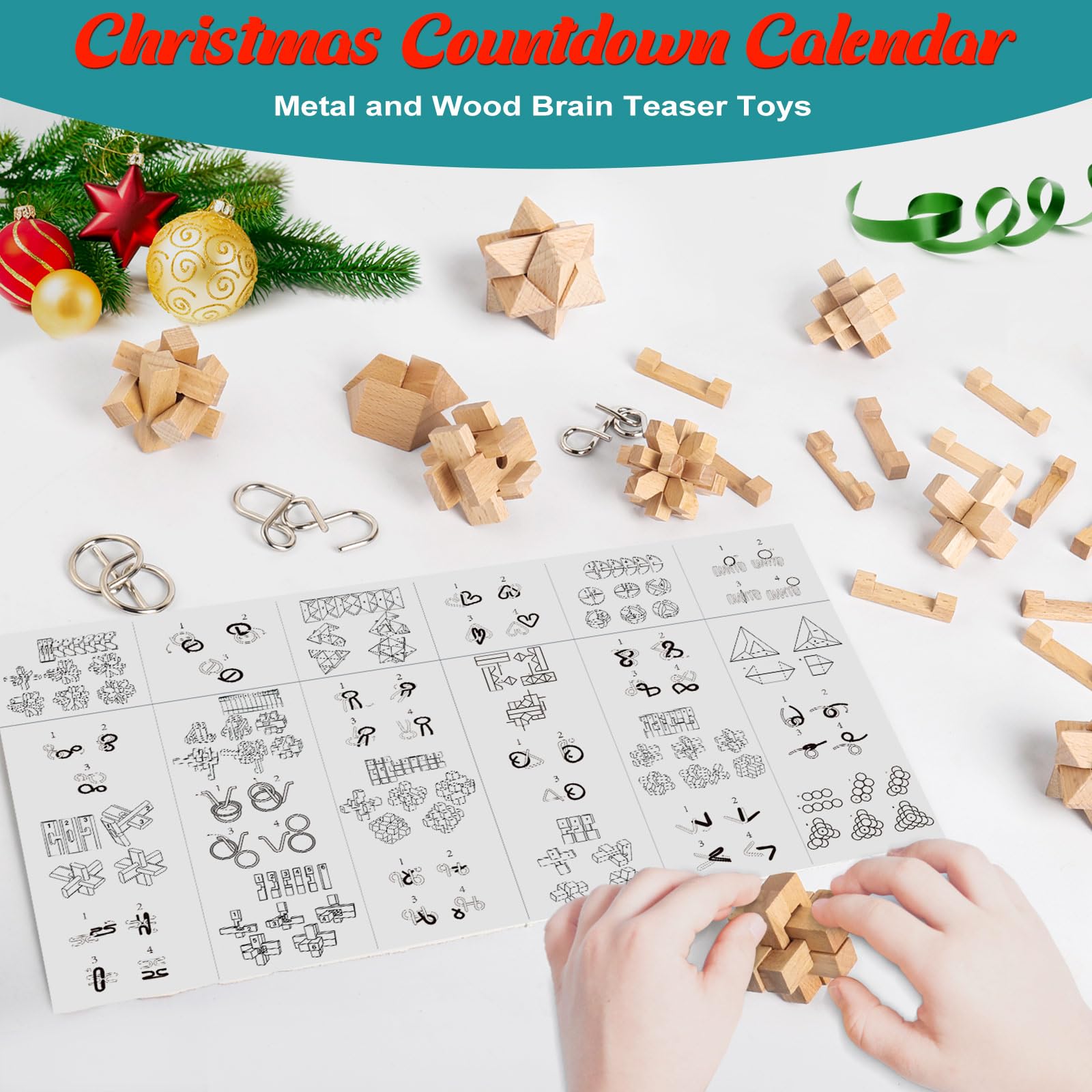 Calendario dell'Avvento per bambini- 24 giorni di Regalo di Natale con metallo e legno puzzle rompicapo, sfide di sblocco, test di logica per il QI per ragazzi, ragazze e adulti