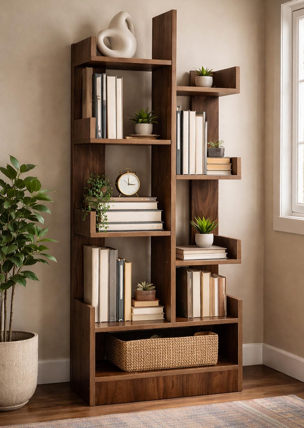 BrilliantJo Modern Zig-Zag Wooden Bookshelf | 8 Tier Floor Standing Book Shelf Organizer | Multipurpose Storage Rack for Books, Decor & Plants | Space Saving Display Shelf for Living Room