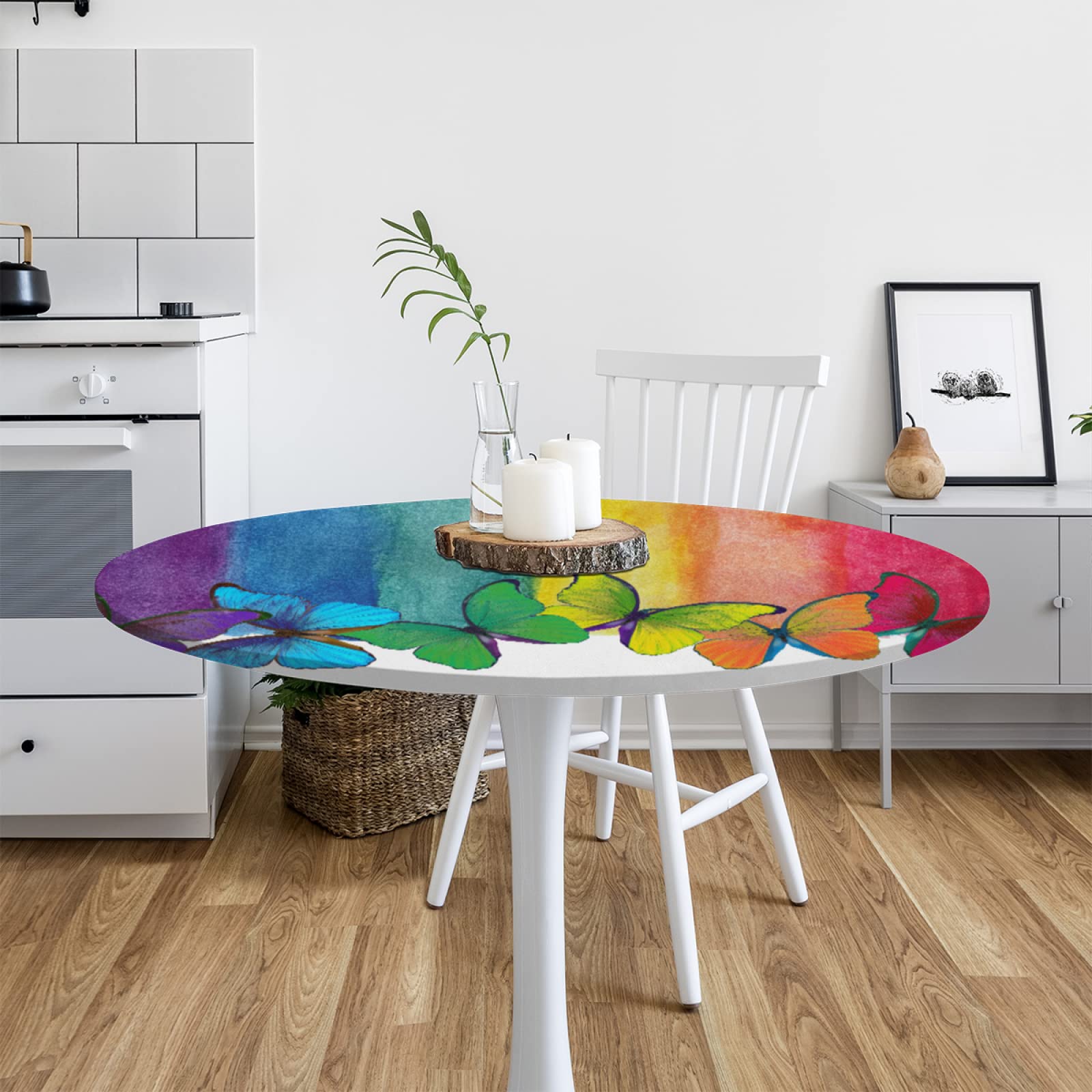 MINGPINHUIUS Tovaglia rotonda in vinile con bordi elastici, tovaglia rotonda in vinile resistente all'olio e impermeabile, lavabile, per interni ed esterni, patio, motivo piante (bianco, 60 cm di