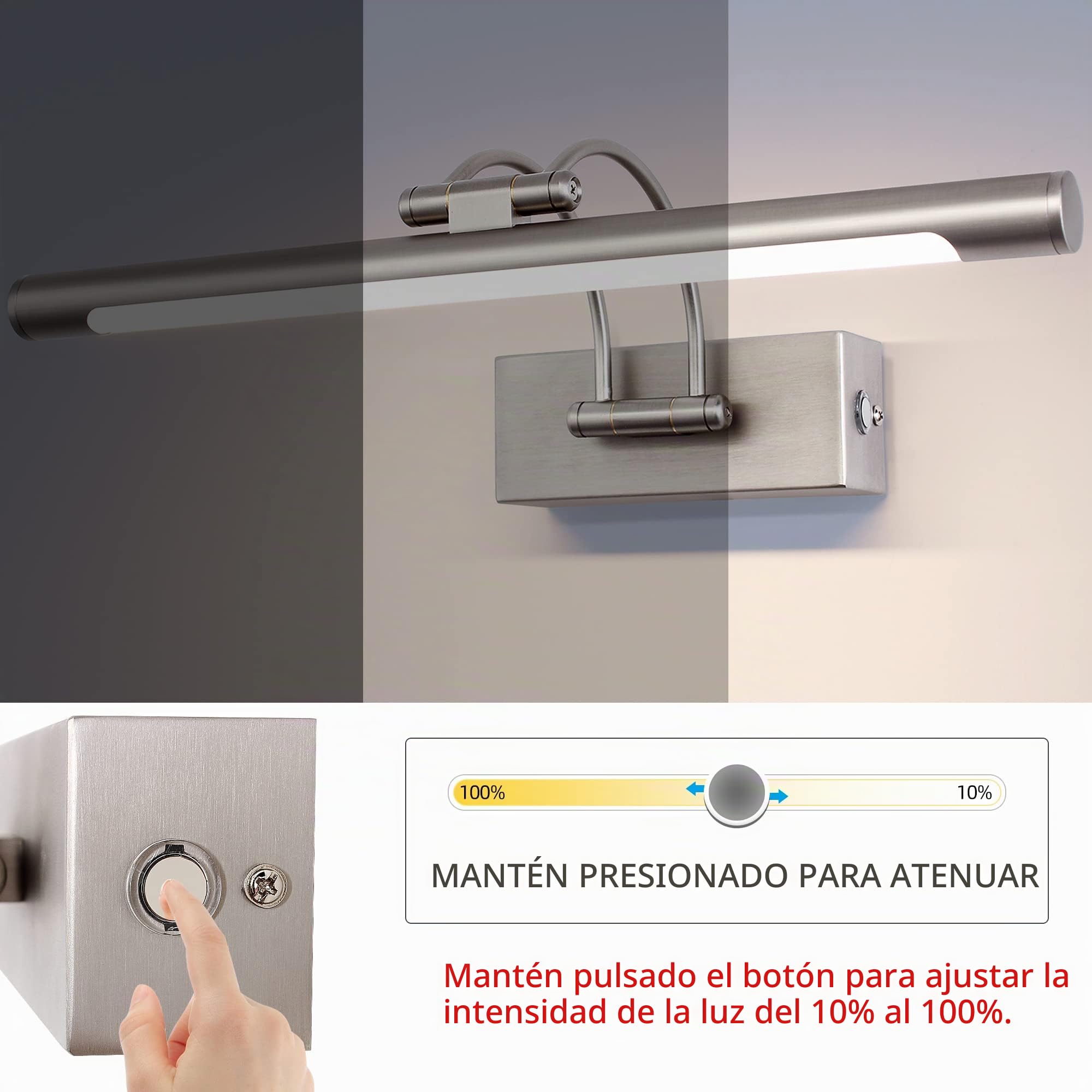 MantoLite LED Regulable Lámparas de Pared 10W,40CM Interior Iluminación para cuadros y expositores Cabeza Giratoria Lectura Lámpara,Latón Níquel Baño Espejo Apliques de Pared 3000K/4000K/6000K